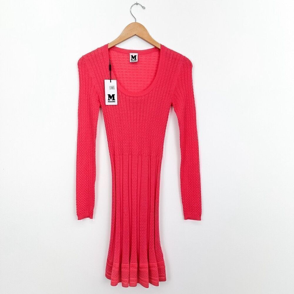 Missoni Women’s Fuchsia Pink Virgin Wool Blend A Line Knit Scoop Neck Dress